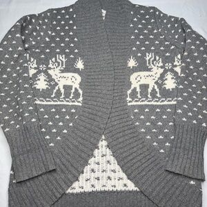 Woolrich Reindeer Fair Isle Open Front Cardigan Wool Blend Sweater Grey Knit S